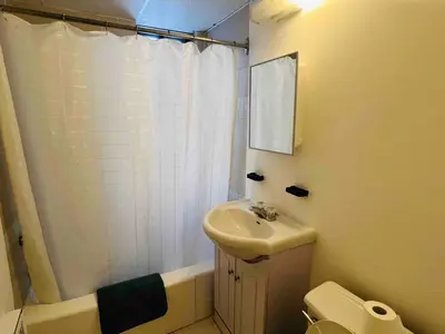 a bathroom with a sink and a toilet and a shower at Stylish Montreal Apartment: Comfortable Stay in the Golden Square Mile in Montréal