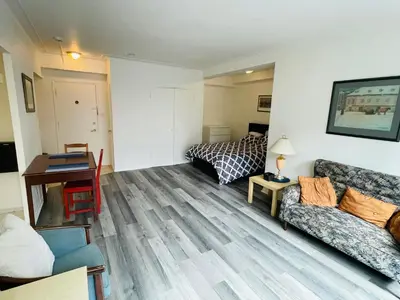 a living room with a couch and a bed at Stylish Montreal Apartment in Montréal