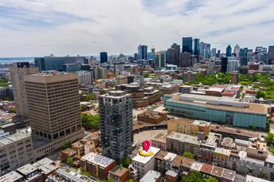 an aerial view of a city with tall buildings at Central King Studio in Montréal