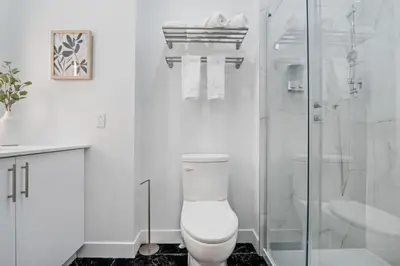 a white bathroom with a toilet and a shower at Central King Loft in Montréal