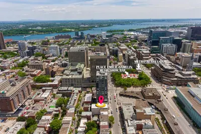 an aerial view of a city with a large city at Luxurious DownTown Suite in Montréal