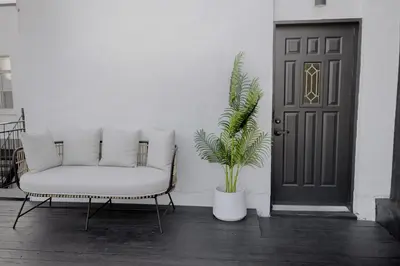 a white chair and a plant in front of a door at Studio #14 - Self Check-In - Plateau - St-Denis in Montréal
