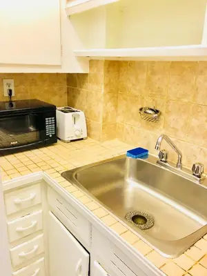 a kitchen with a sink and a microwave at Stylish Montreal Apartment Comfortable Stay in the Golden Square Mile in Montréal