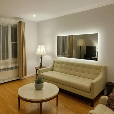 a living room with a couch and a table at Sunny & Peaceful 1BR, Walk to UdM, HEC & Hospital in Montréal