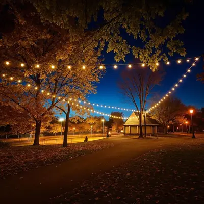 a park with christmas lights hanging from trees at night at Sunny & Peaceful 1BR, Walk to UdM, HEC & Hospital in Montréal