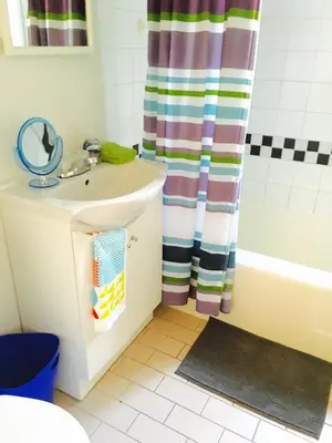 a bathroom with a sink and a shower curtain at Stylish Montreal Apartment Comfortable Stay in the Golden Square Mile in Montréal