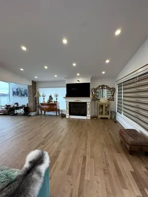 a living room with a fireplace and a tv at Maison prestige sur la rive in Laval