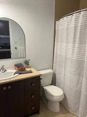 a bathroom with a toilet and a shower curtain at Ski in out au pied des pentes in Bromont