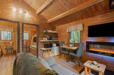 a living room with a couch and a tv in a cabin at chalet 5 Domaine de l'Archipel in Sorel